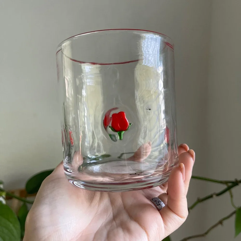 Vintage Style 3D Embossed Red Rose Glass Tumbler with Red Rim Floral Drinkware